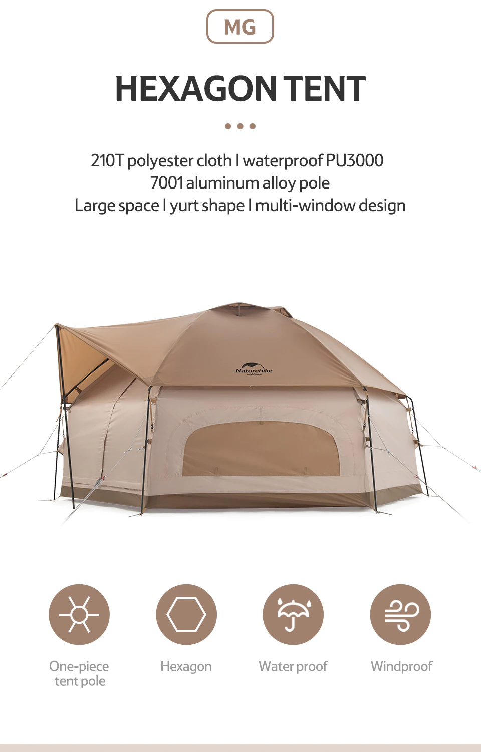 Cheap Goat Tents  Hexagonal Outdoor Tent One piece Bracket One Door Three Windows 3 4 Persons Outdoor Camping Waterproof Tent NH21ZP001   